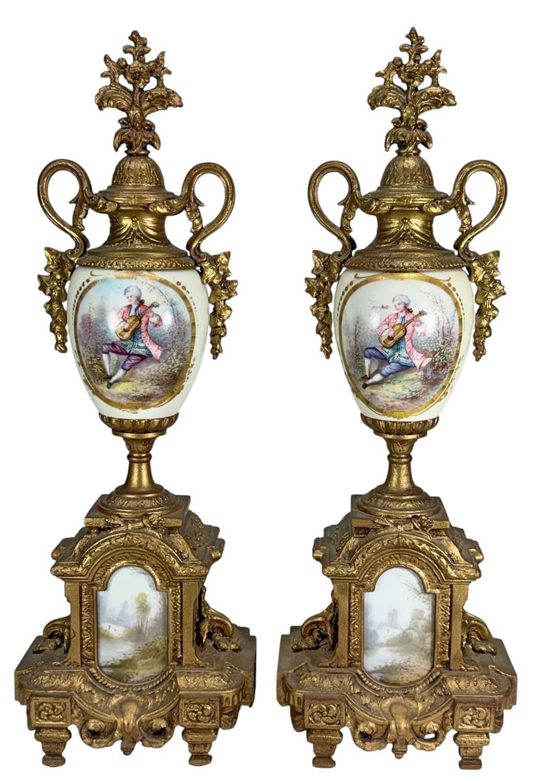Pair French Figural Gilt Spelter & Porcelain Urns (1 of 5)