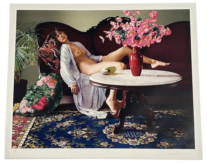Douglas Hofmann Jessica 1983 L/E Lithograph SIGNED: Douglas Hofmann (American, born 1945) large-format limited edition color lithograph on paper titled "Jessica, 1983." Depicting a reclining nude female figure posed on a sofa within a richly detailed i