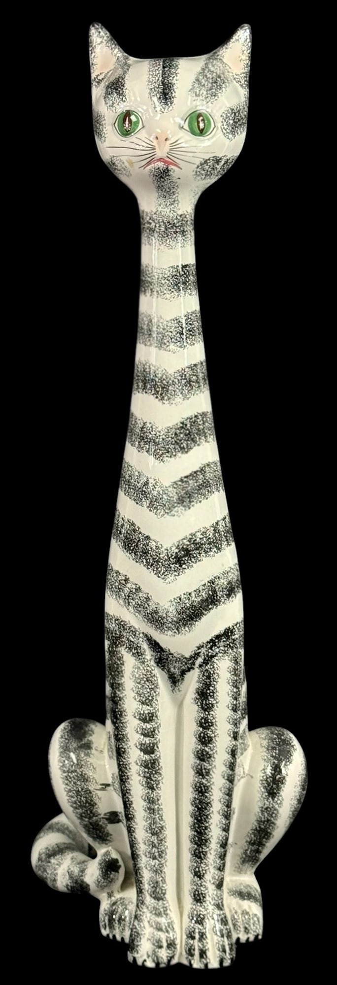 Mid-Century Italian HP Ceramic Cat Sculpture 30" H: Mid-20th century modern Italian ceramic cat sculpture with a hand-painted black and white striped fur pattern with expressive green eyes. Featuring an elongated neck and form, this whimsical piece sho