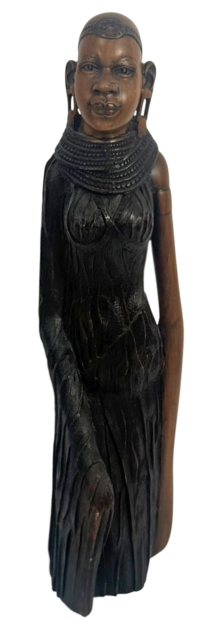 African Makonde Ebony Wood Carved Sculpture SIGNED: Makonde East-African hand-carved sculpture depicting a standing female figure adorned with traditional jewelry and dress. Crafted from a single piece of ebony wood, the figure features a combination o