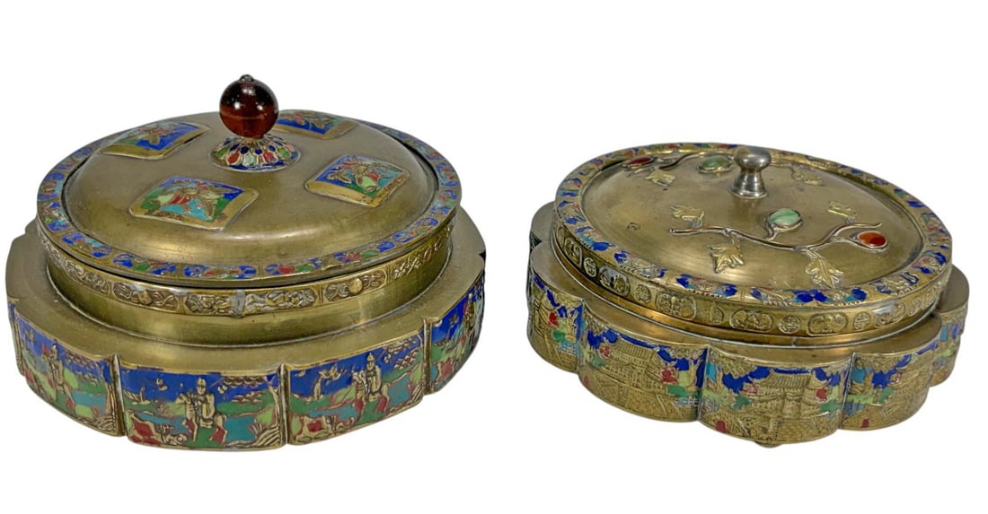 Chinese Bronze & Enamel Tea Caddy Boxes 2pc LOT (1 of 10)