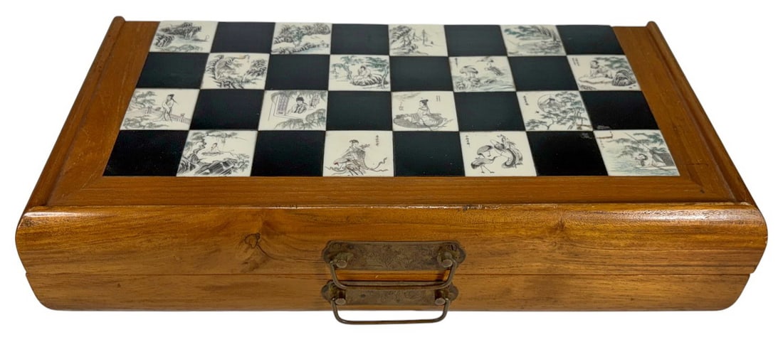 Chinese Folding Engraved & Signed Wood Chess Board (1 of 11)