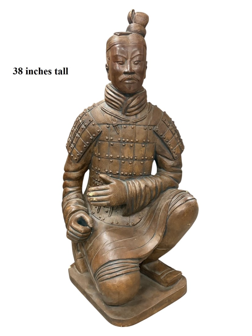 20th C Chinese Kneeling Terracotta Warrior Statue: 20th century Chinese kneeling terracotta warrior statue modeled after Qin dynasty Terracotta Army figures. Detailed armored figure with topknot, mustache and goatee, hands posed as if holding a weapon