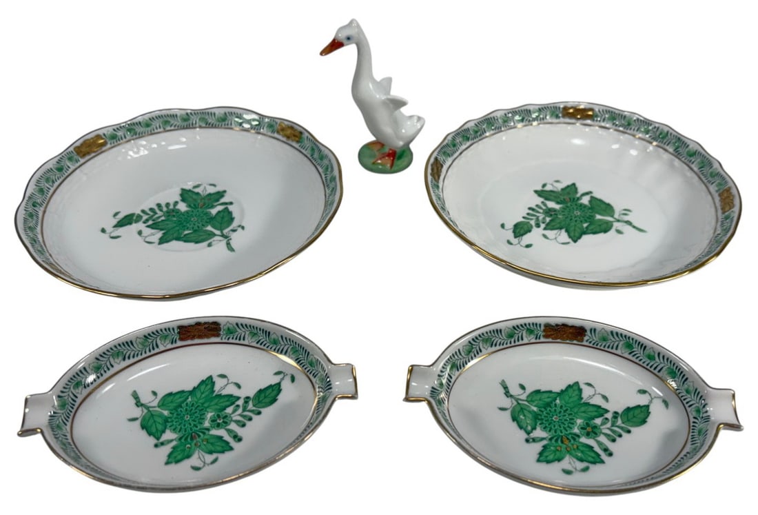 Herend Hungary Green Dishes, Ashtrays & Duck 5pcs (1 of 6)