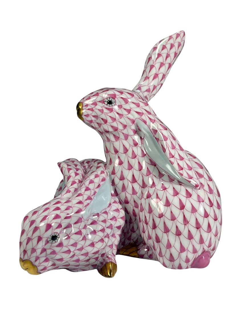 Herend Hungary Fishnet Pink Bunnies Porcelain Fig (1 of 5)
