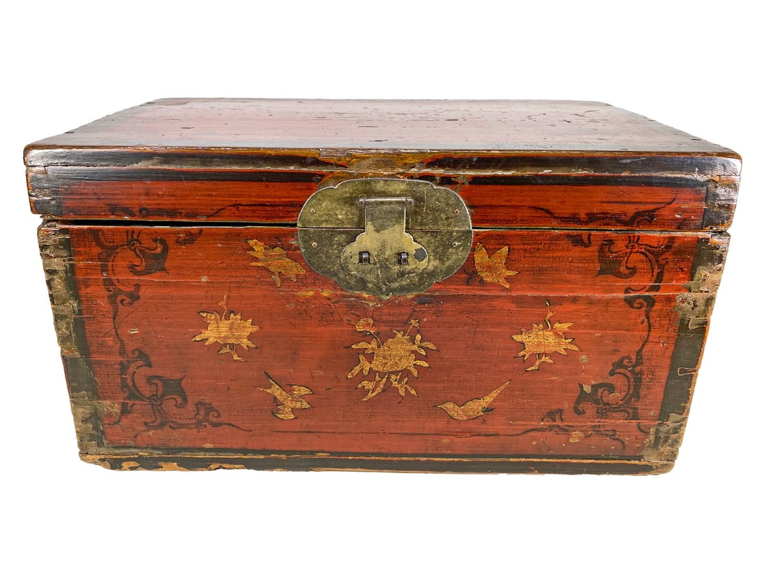 VTG Chinese Red Lacquer Wooden & Bronze Trunk 8.5" (1 of 8)