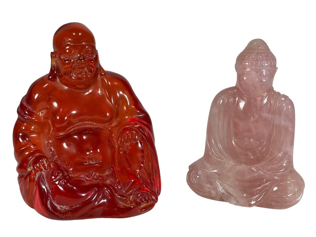 Pink Quartz & Resin Seated Buddha Statues 2pc LOT (1 of 7)