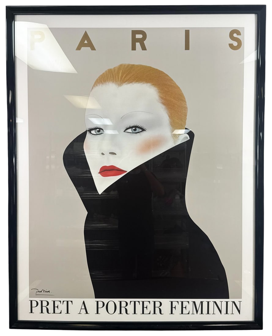 Razzia Paris Pret a Porter Feminin Poster 56 H: Large format fashion poster designed by French graphic artist Razzia (Gerard Courbouleix-Deneriaz), created for the Paris Pret a Porter Feminin (Ready-to-Wear Women's Fashion) event. This iconic image