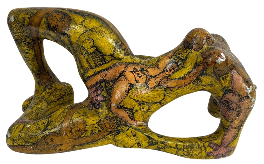 Artist Signed Grotesque Papier-Mache Sculpture: Surreal figural papier-mache sculpture featuring an abstract humanoid form adorned with hand-drawn and painted imagery of nude figures and expressive faces. The surface is richly detailed with layered