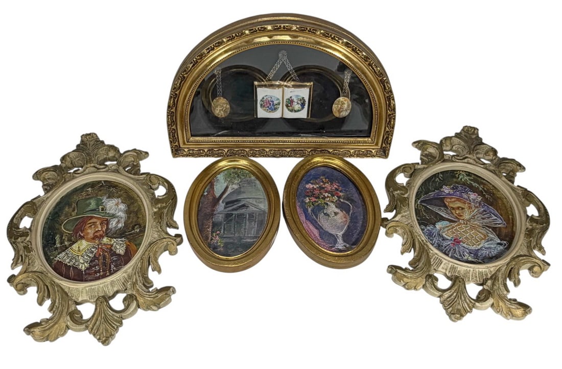 Framed Mini Oil Paintings & Mini Porcelain 5pc LOT (1 of 6)