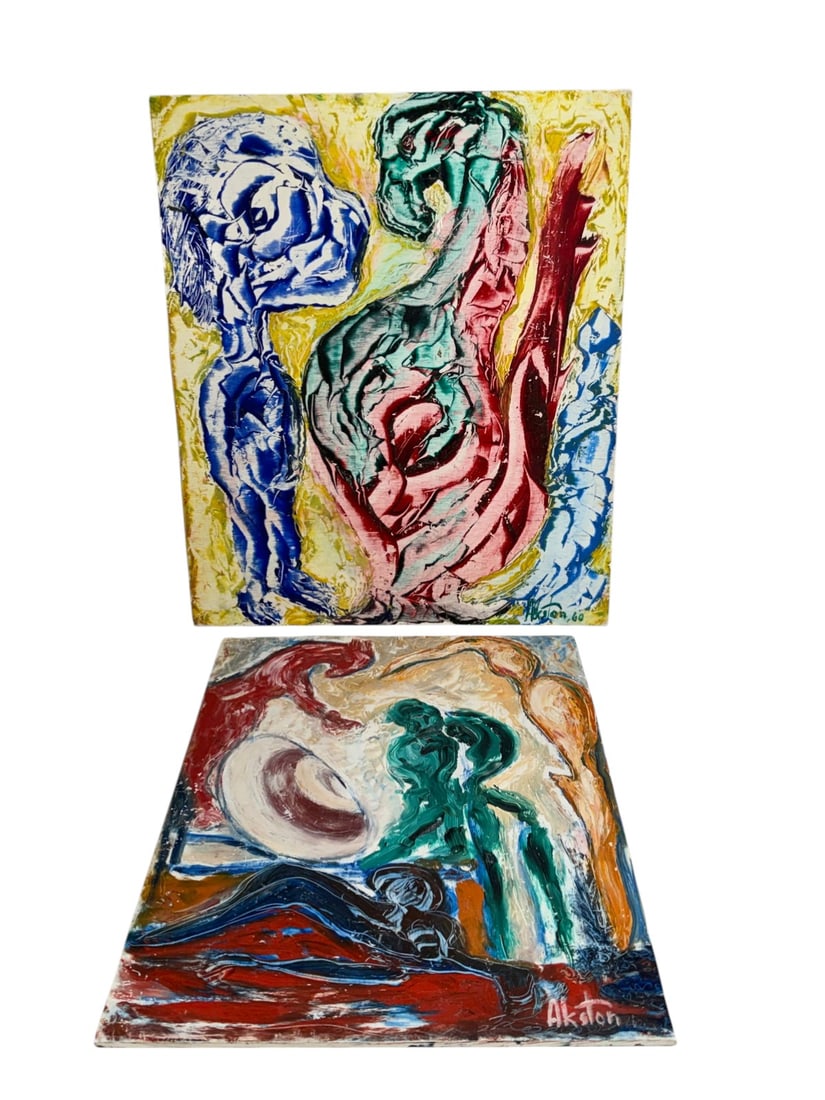 Joseph James Askton b.1898 Abstract Paintings 2pcs: Joseph James Askton (American, 1898 - 1983) two abstract figural oil on vinyl paintings, each signed 'Askton.' Both feature stylized figures with bold color and heavy impasto, executed with expressive