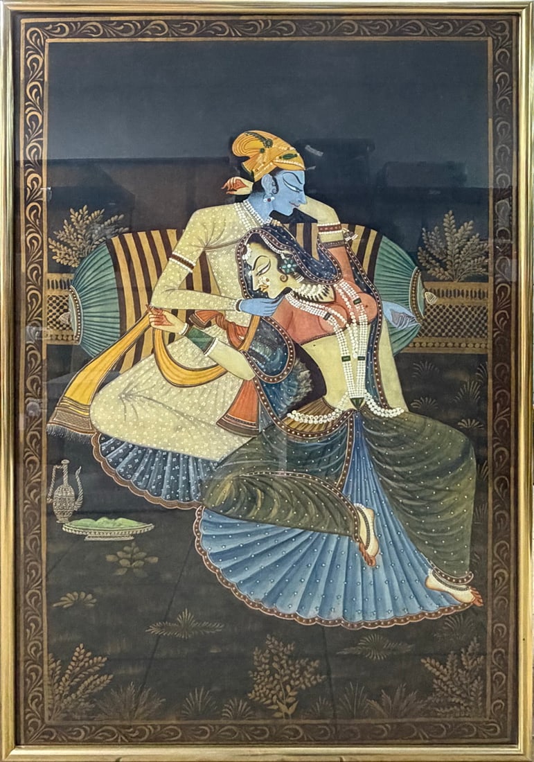 Radha & Krishna Framed Painting on Silk SIGNED 65" (1 of 7)