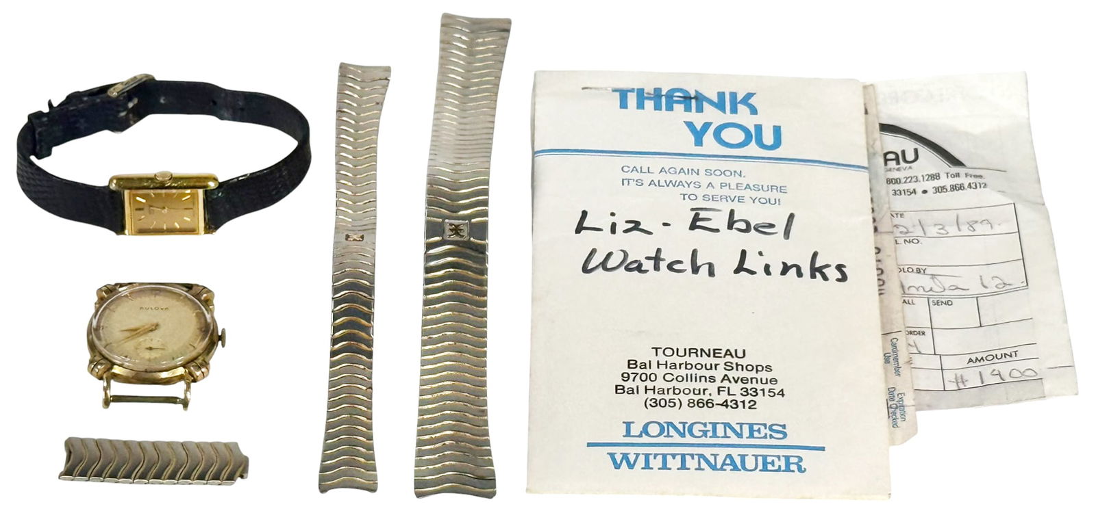 Vintage Watches & Bands: Ebel, Bulova & Seiko: Group of vintage wristwatches and accessories, including a gold-tone Bulova chronograph-style watch head (unstrapped), a vintage Seiko quartz wristwatch with a black lizard-style strap, and multiple g