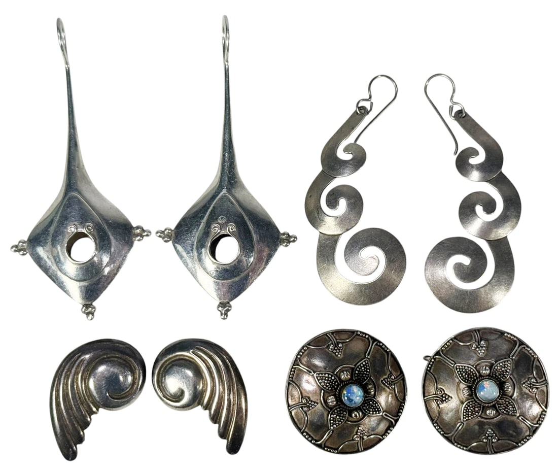 Sterling Earrings: Deco & Mexican Designs 4 PAIRS (1 of 8)