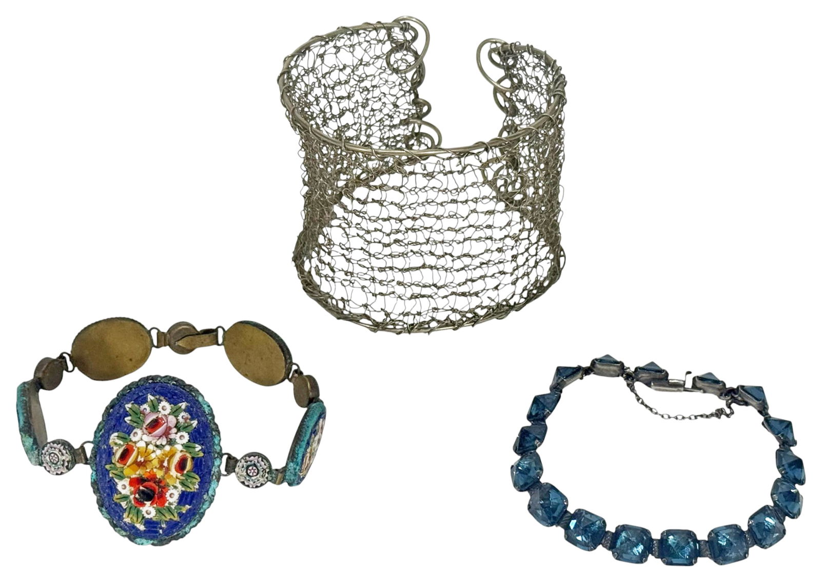 20th C. Millefiori, Art Deco & Wirework Bracelets: Lot of three 20th century bracelets. To include an Italian Grand Tour Millefiori mosaic bracelet on copper, marked Made in Italy; a Leach & Miller Art Deco English blue rhinestone bracelet on