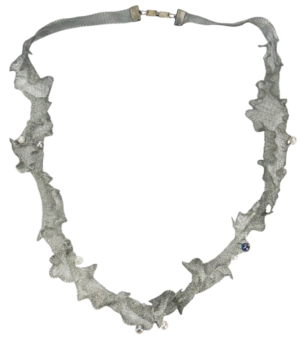 Pia Vichi Italian Lace Mesh Pearl Necklace SIGNED: Pia Vichi Italian ladies' necklace featuring organically formed oxidized silver mesh in a sculptural lace-like design, accented with scattered cultured pearls in white, gray, and peacock tones.