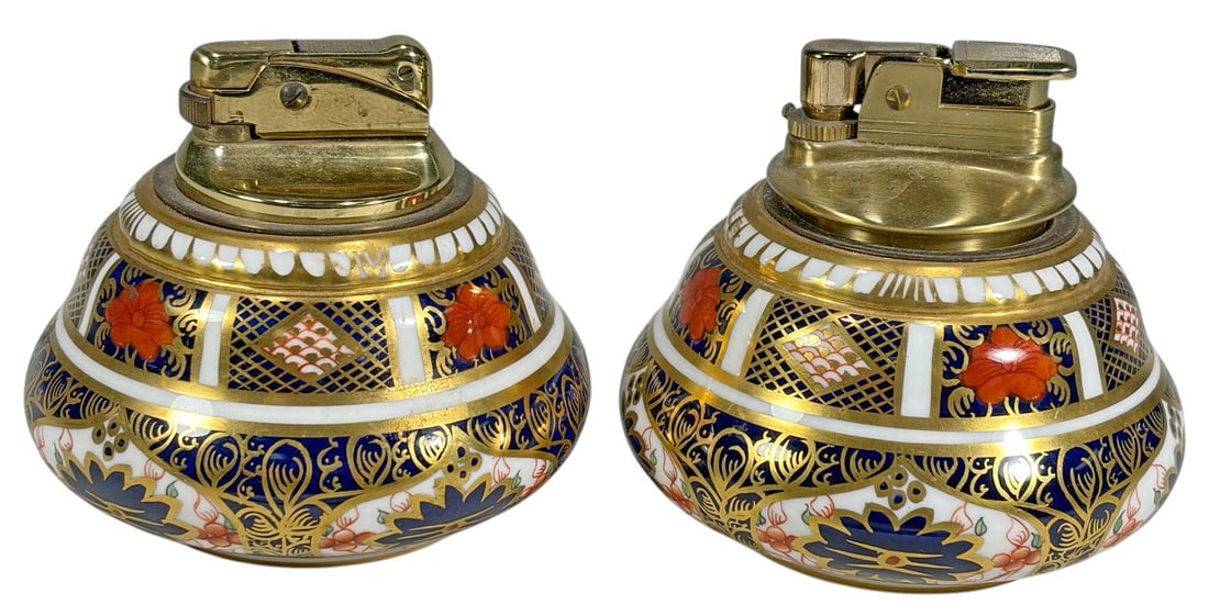 Royal Crown Derby English Porcelain Lighters 2pcs: Royal Crown Derby matched pair of English bone china porcelain table lighters in Imari palette with cobalt blue, iron red, and gilt decoration. Marked 'Royal Crown Derby English Bone China' with date