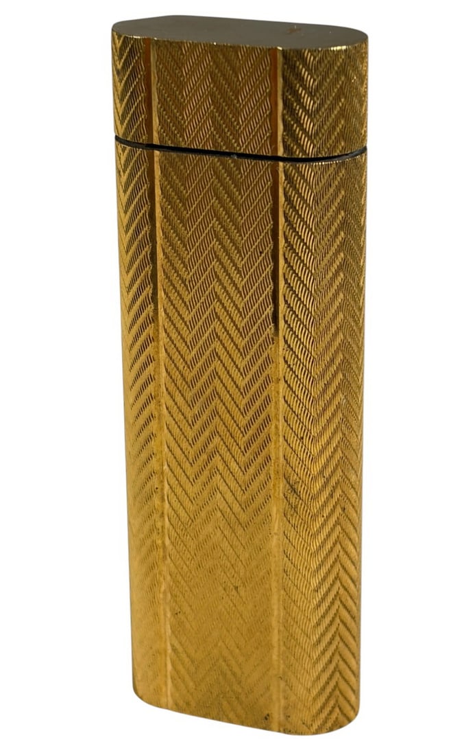Cartier Paris Chevron Stripe Guilloche Lighter: Cartier Paris pocket lighter with chevron guilloche decoration and gold plate finish. Base is marked 'Cartier Paris, Swiss Made,' serial 50933 G. Rectangular form with hinged cap and flint wheel