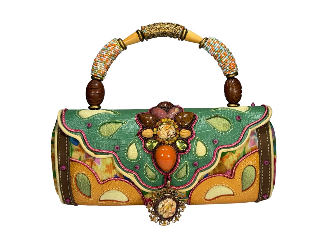 Mary Frances Tequila Sunrise Beaded Handbag 8.5": Mary Frances Tequila Sunrise beaded handbag with mixed media construction and hand applied beadwork. Structured design in bright green, orange, yellow, and pink with leather and patterned fabric