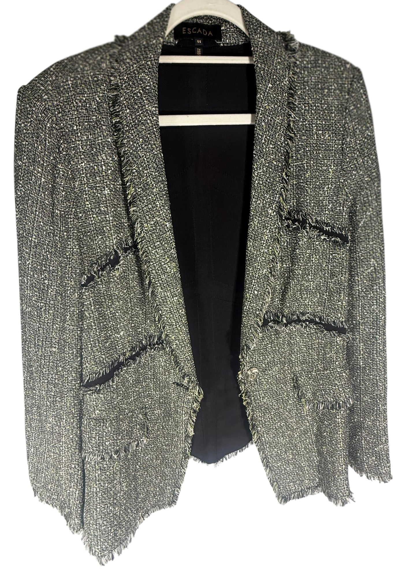 Escada B&W Textured Fringe Tweed Jacket Size 44: Escada designer open-front tweed jacket, crafted in a black and white textured weave with a structured silhouette. Features frayed fringe trim along the collar, lapels, hem, and seams, along with