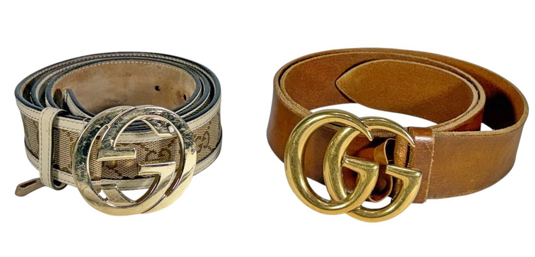 Gucci Style Marmont & Monogram Canvas Belts 2pcs: Gucci style two piece belt lot including a brown leather Marmont belt with antique gold tone double G buckle, stamped Gucci made in Italy, and a GG monogram canvas belt with leather trim and gold