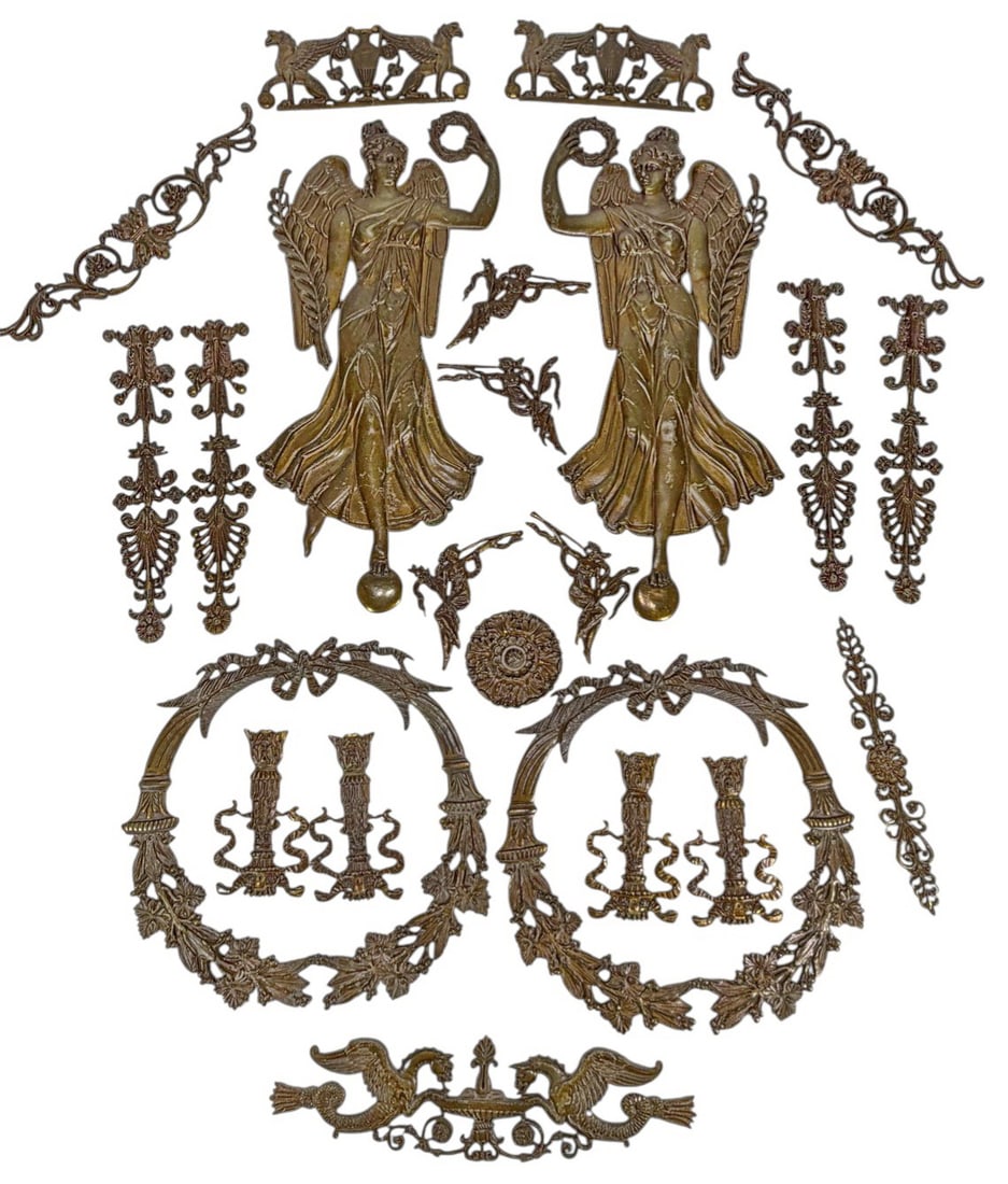 Antique French Bronze Furniture Ornaments 23pc LOT: Antique French bronze furniture ornament lot of 23 cast mounts with figural, foliate, and classical motifs. Includes winged female figures, laurel garlands, gryphons, scrolling crests, rosettes, and