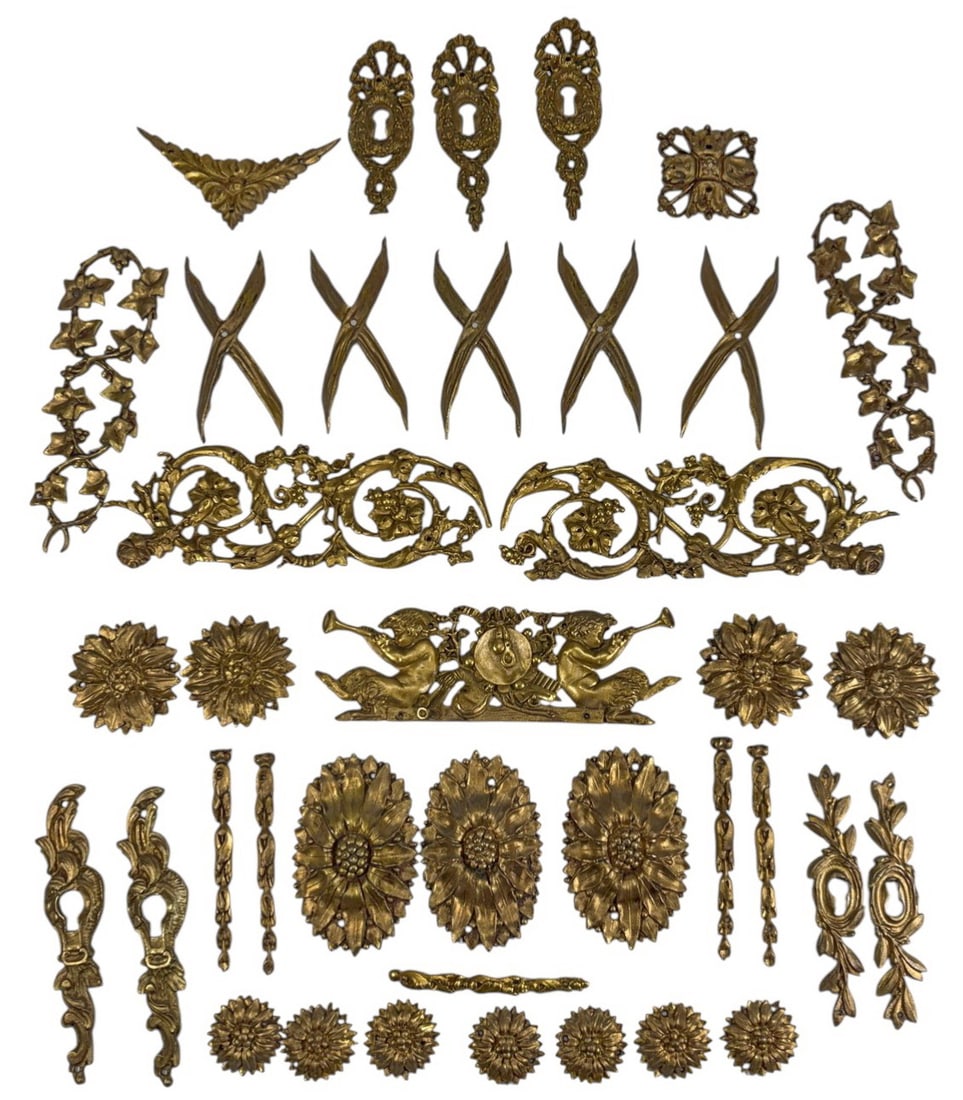 Antique French Bronze Furniture Ornaments 38pc LOT: Antique French bronze furniture ornament lot of 38 cast mounts with floral, foliate, and figural motifs. Includes rosettes, acanthus and grapevine panels, keyhole escutcheons, laurel elements, ribbon