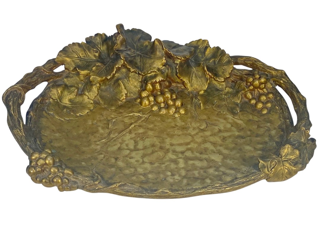 Albert Marionnet (1852-1910) Oval Gilt Bronze Tray: Albert Marionnet (French, 1852 - 1910) oval bronze tray with a naturalistic grapevine motif, featuring raised clusters of grapes, vine leaves, and handles formed as branches. Retains a warm