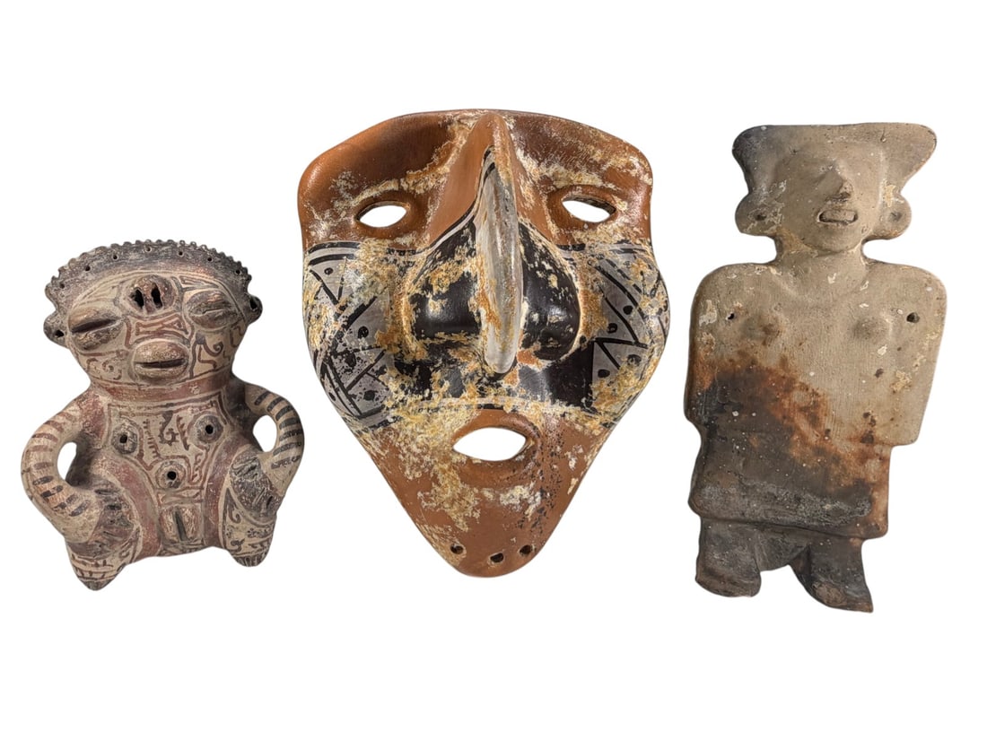 Pre Columbian Style Ceramic Mask & Figurine 3pcs (1 of 8)