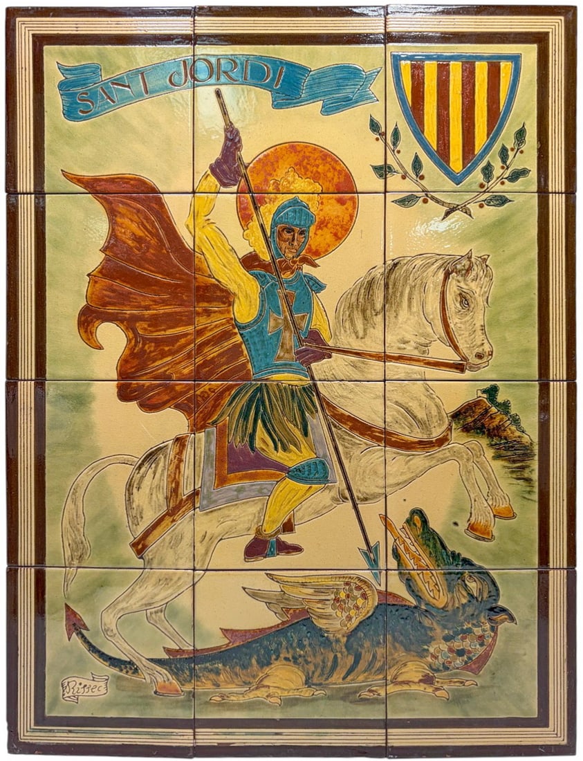 Saint George Slaying the Dragon Majolica Mural: Colorful majolica tile mural depicting Saint George slaying the dragon, with banner 'SANT JORDI' and heraldic shield. Rendered in vibrant green, ochre, blue, and aubergine glazes in stylized medieval