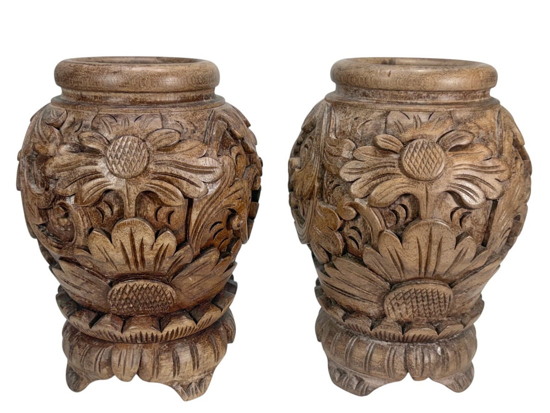 Pair of Asian Balinese Hand Carved Wood Vases 8.5" (1 of 5)