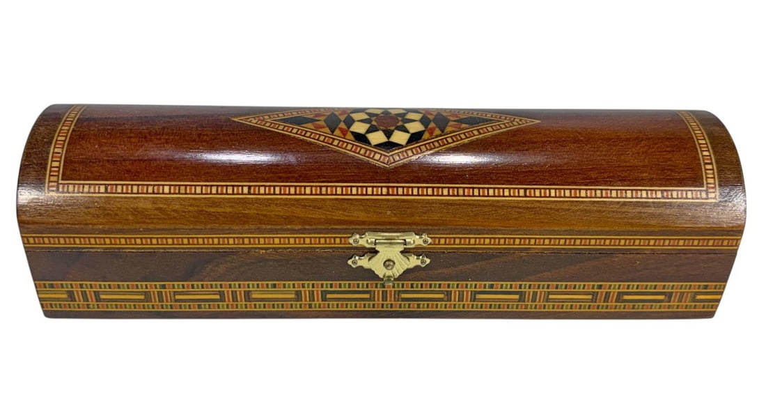 The Gift of Kings Frankincense & Myrrh Wooden Box: 'The Gift of Kings' wooden inlaid presentation box with domed hinged lid and geometric marquetry. Interior with divided compartment holding frankincense resin and myrrh resin, with labeled inside lid