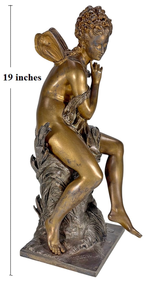 Mathurin Moreau 'La Libellule' Bronze Sculpture: Mathurin Moreau (French, 1822 - 1912) figural bronze sculpture titled 'La Libellule' (The Dragonfly). Depicting a seated winged nymph on a naturalistic base. Signed 'Moreau Mathurin' on the base.Dimen