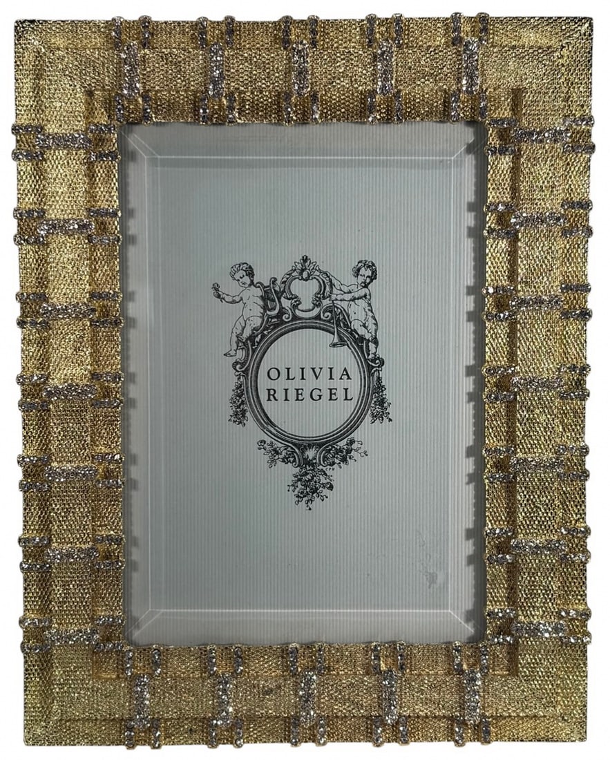 Olivia Riegel Gold Carlyle Textured Picture Frame: Olivia Riegel Carlyle pattern gold tone picture frame with textured woven style surface and horizontal rows of clear handset crystals. Beveled front glass. Taupe fabric easel back embossed 'Olivia Rie