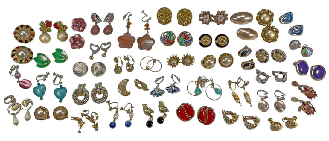 Assorted Fashion Costume Jewelry Earrings 80pcs: Assorted lot of 40 pairs of costume jewelry earrings in mixed styles and finishes, including clip-on and some pierced examples. Variety of studs, drops, dangles, and retro-inspired designs with faux p