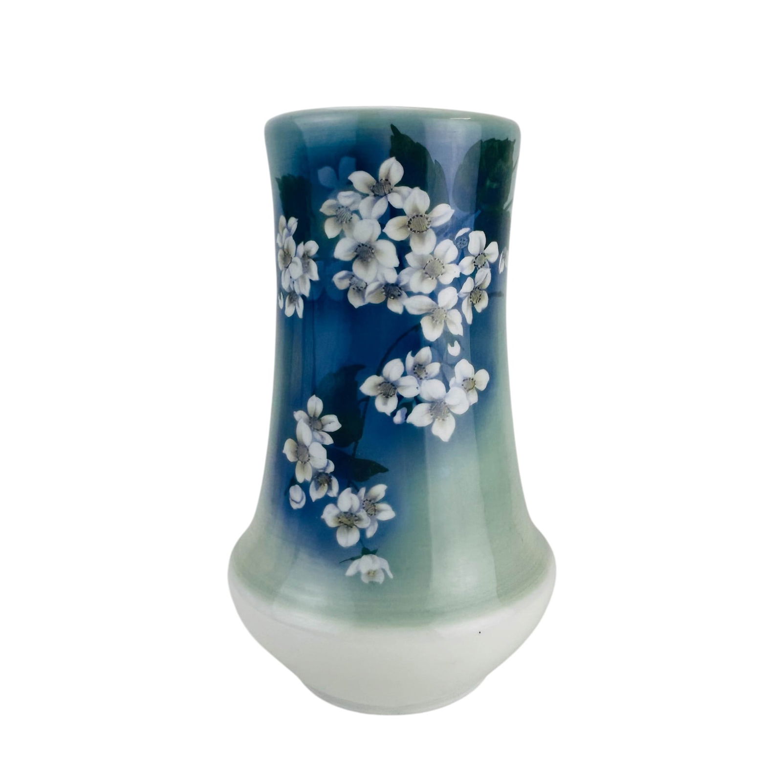 Bernard Bloch Czech Art Nouveau Porcelain Vase 14": Antique Bernard Bloch (1869-1947) porcelain vase, produced in Bohemia, Czechoslovakia. Featuring flared cylindrical form with a rounded foot. Design showcases hand-painted white blossoms with green fo