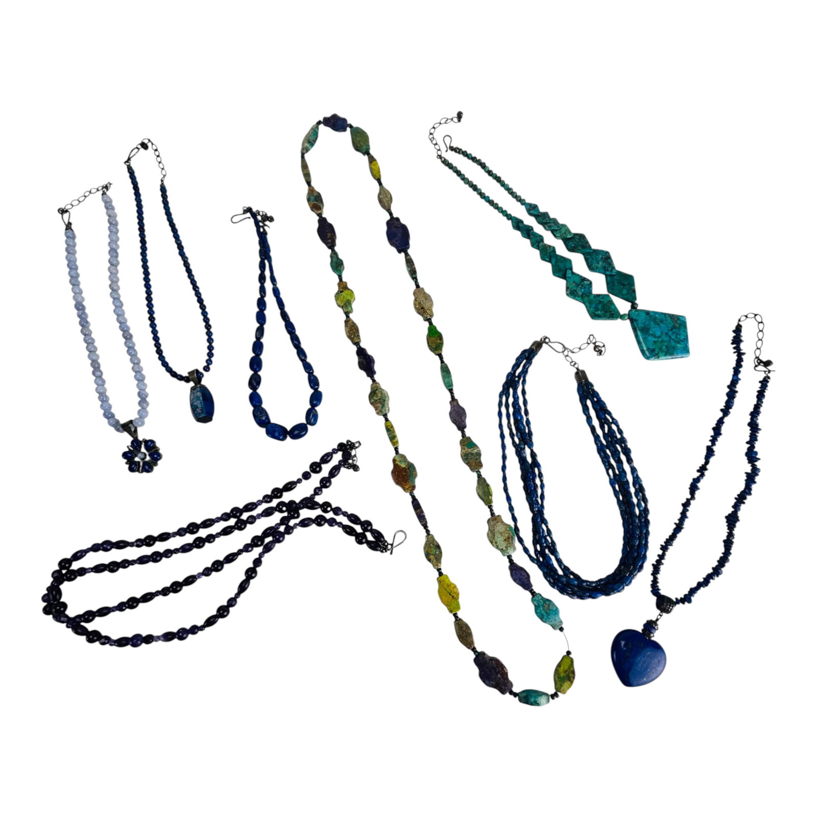 Mixed Gemstone Beaded Necklace Collection 8pc LOT: Assorted group of beaded necklaces featuring natural stones in blue, turquoise, green, and purple tones. Includes lapis lazuli strands, turquoise elements, amethyst beads, and stone compositions with