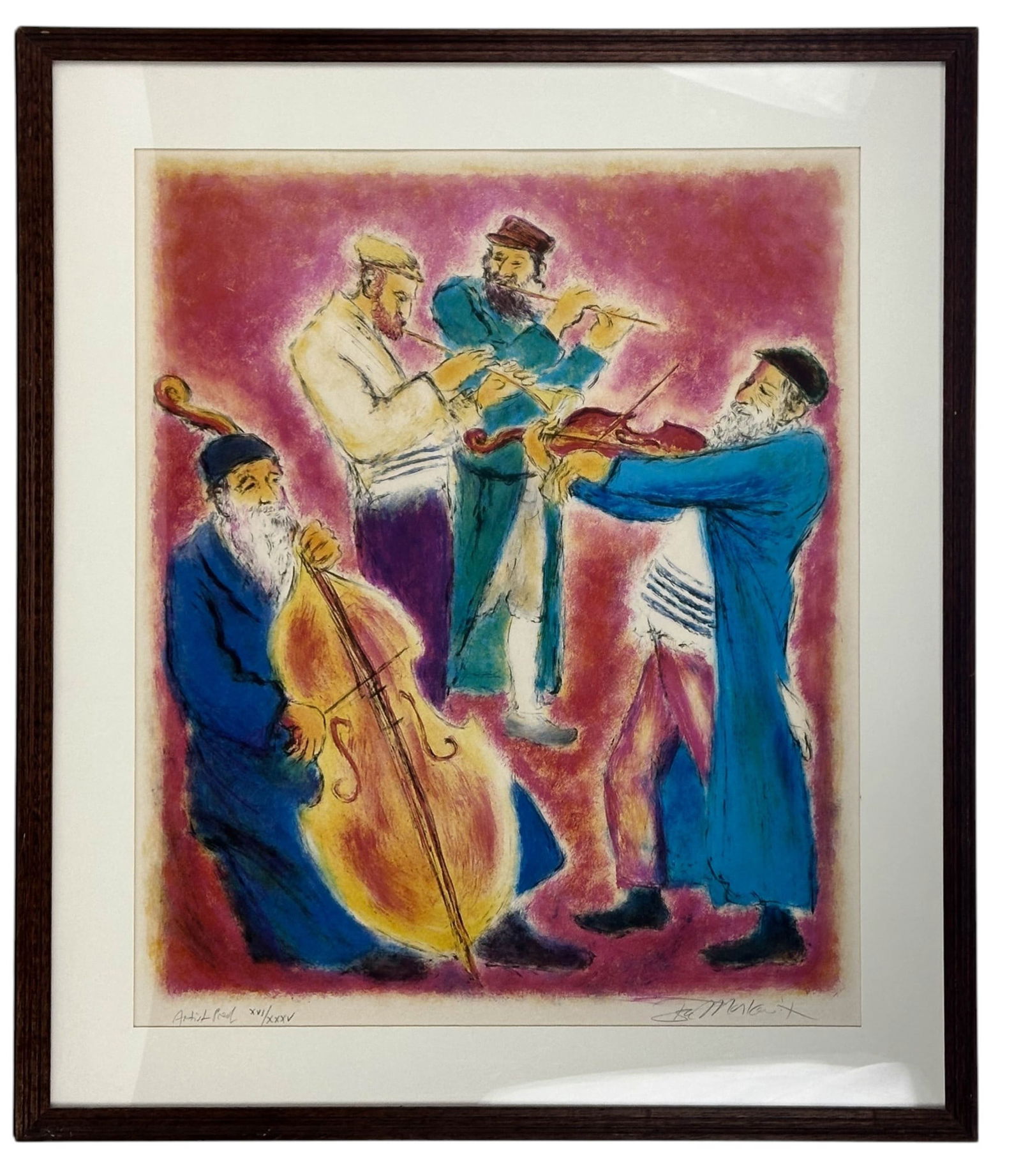 Ira Moskowitz 1912-2001 Musicians Color Lithograph: Ira Moskowitz (Polish / American, 1912-2001), colored lithograph print on paper. Depict four Klemzer Jewish musicians playing traditional instruments. Work is signed in pencil lower right and marked A