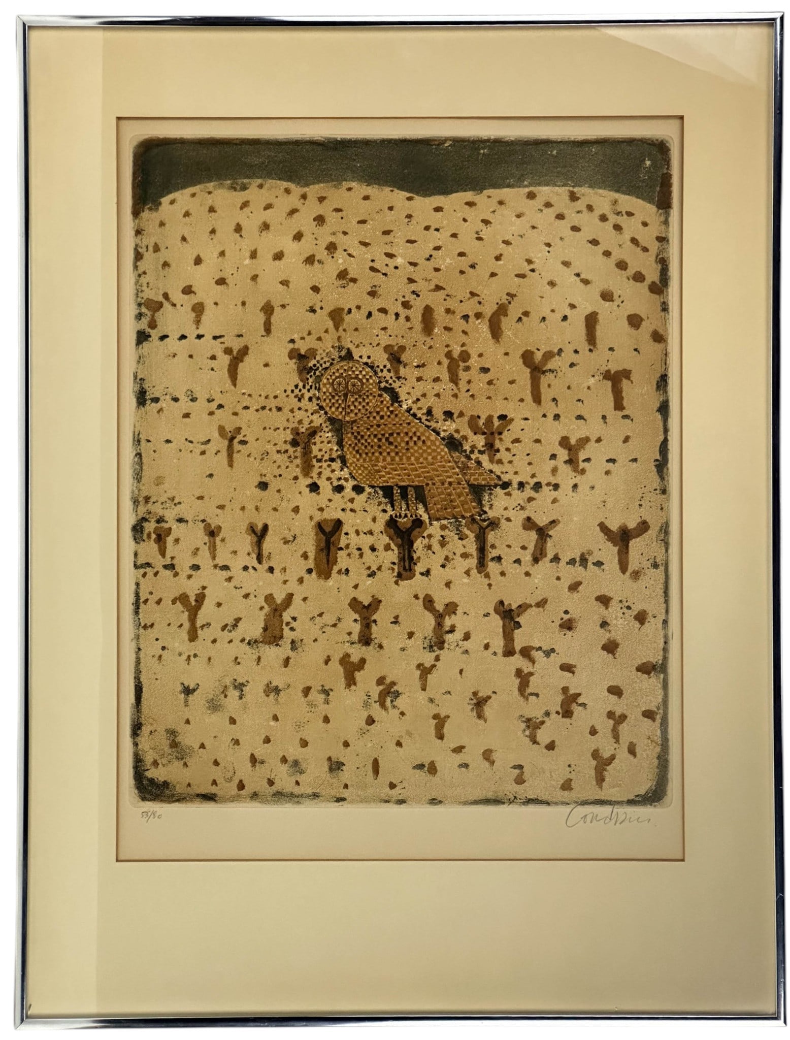 Brigitte Coudrain b.1934 Owl Bird Etching Aquatint: Brigitte Coudrain (French, born 1934), etching with aquatint on paper. Depicts a stylized owl perched in a field of abstract forms. Numbered 53/80 lower left and signed in pencil lower right. Presente