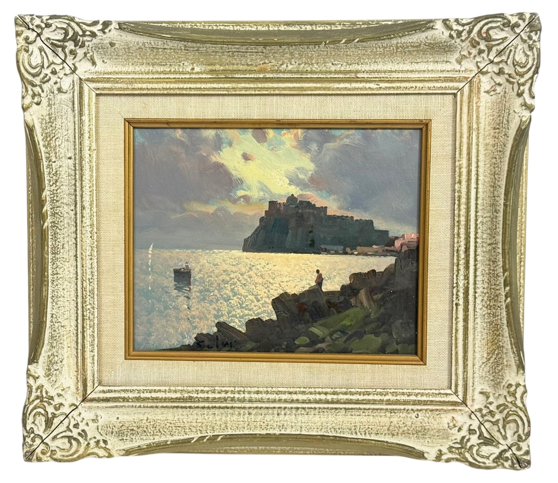 European Coastal Castle Seascape Oil Painting: Late 20th/Early 21st century European school, coastal seascape oil painting depicting a fortified castle on a rocky shoreline overlooking shimmering water with a small manned boat and a lone figure st