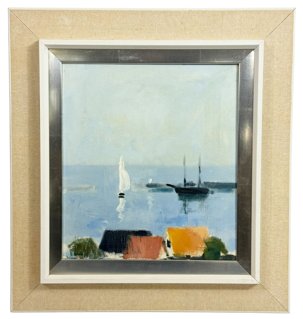 Impressionist Coastal Harbor Sailboat Oil Painting: Mid-to-late 20th century coastal harbor scene oil painting depicting sailboats and a moored vessel on calm water with shoreline houses in the foreground. The composition features soft blue tones with