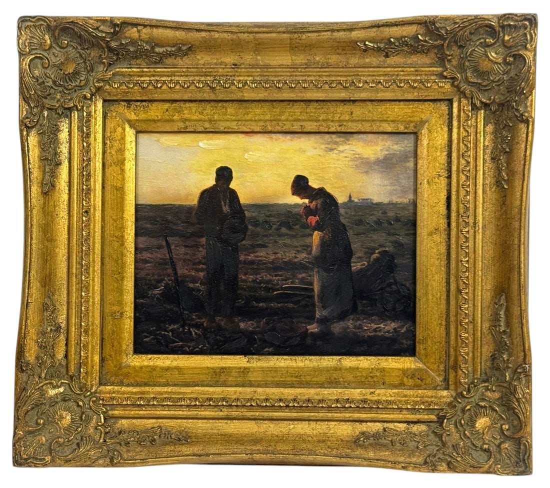 Brushstrokes Art "Evening Prayer" after Millet: Brushstrokes Fine Art textured reproduction after Jean Francois Millet's (1814 - 1875) painting titled "Evening Prayer." Depicting two farmers standing in prayer at sunset in a rural landscape. The wo