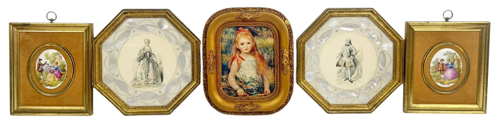 Framed Decorative Prints & Porcelain Plaques 5pcs: Group of five framed decorative artworks including two porcelain plaques depicting romantic courting scenes, two octagonal framed prints of 18th century figures with mother of pearl style accents, and