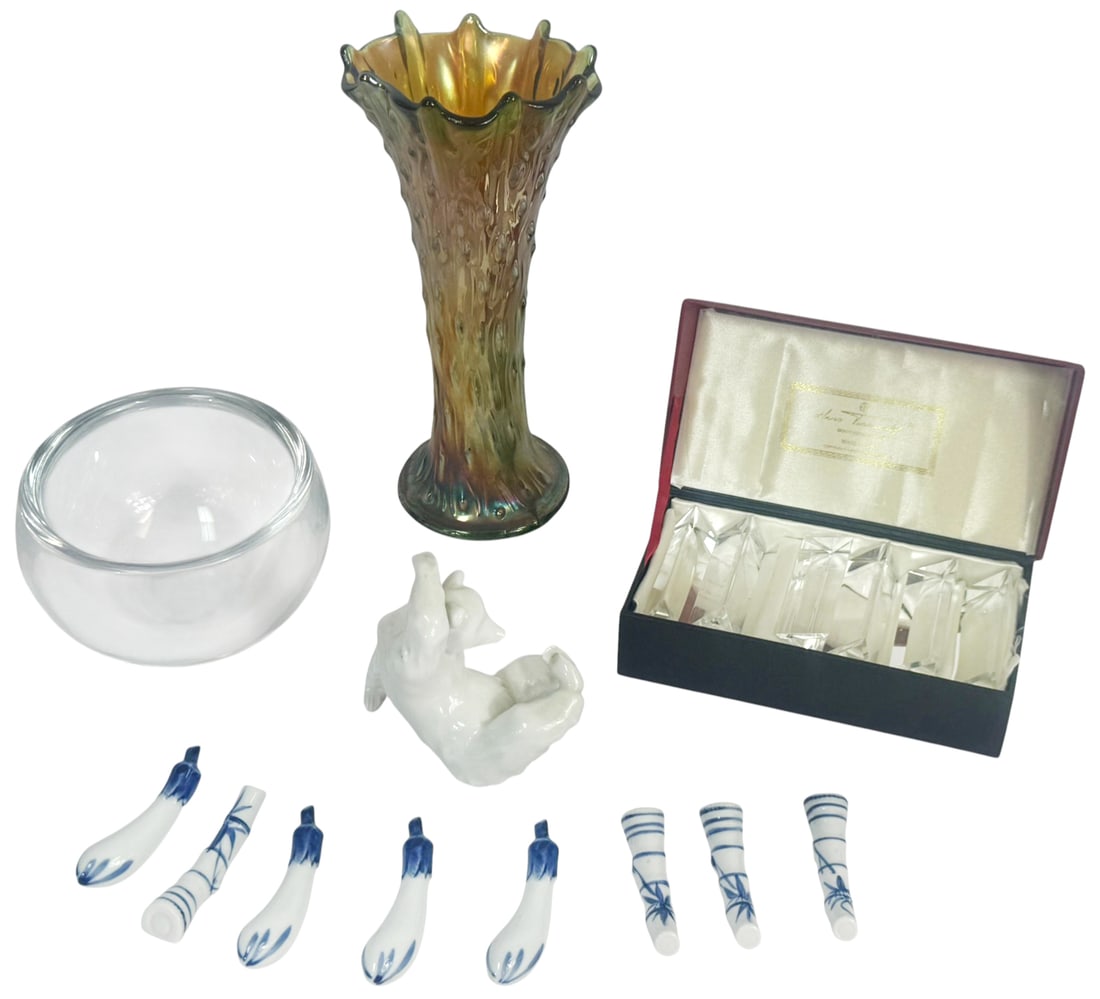 Vintage Decorative Misc. Glass & Porcelain Items: Mixed-collection of decorative objects. Including a set of six faceted crystal knife rests by Hans Turnwald it their original case, an iridescent pressed art glass vase designed with a pulled hobnail