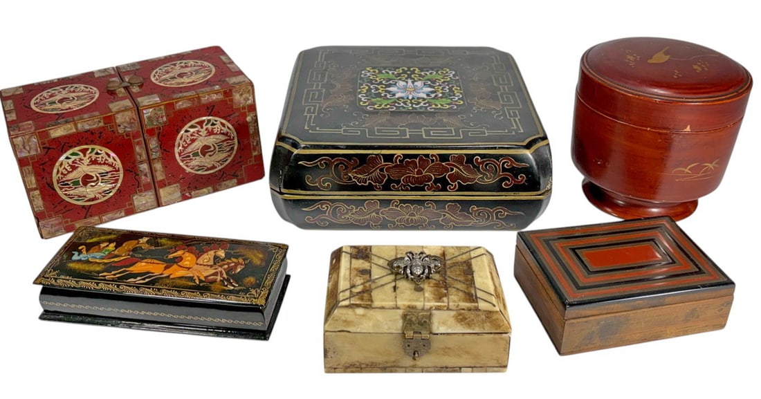Cninese & Russian Wood, Bone & Lacquer Boxes 6pcs (1 of 12)