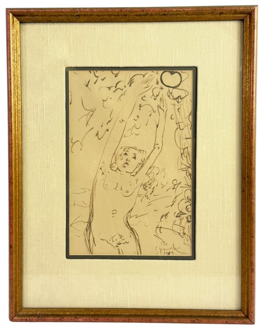 Mid Century Eve In The Garden Ink Drawing on Paper: Mid 20th-century ink drawing on paper featuring a nude female figure interpreted as Eve, reaching upward for the forbidden fruit - represented by a prominent apple. Hand signed and dated to the lower