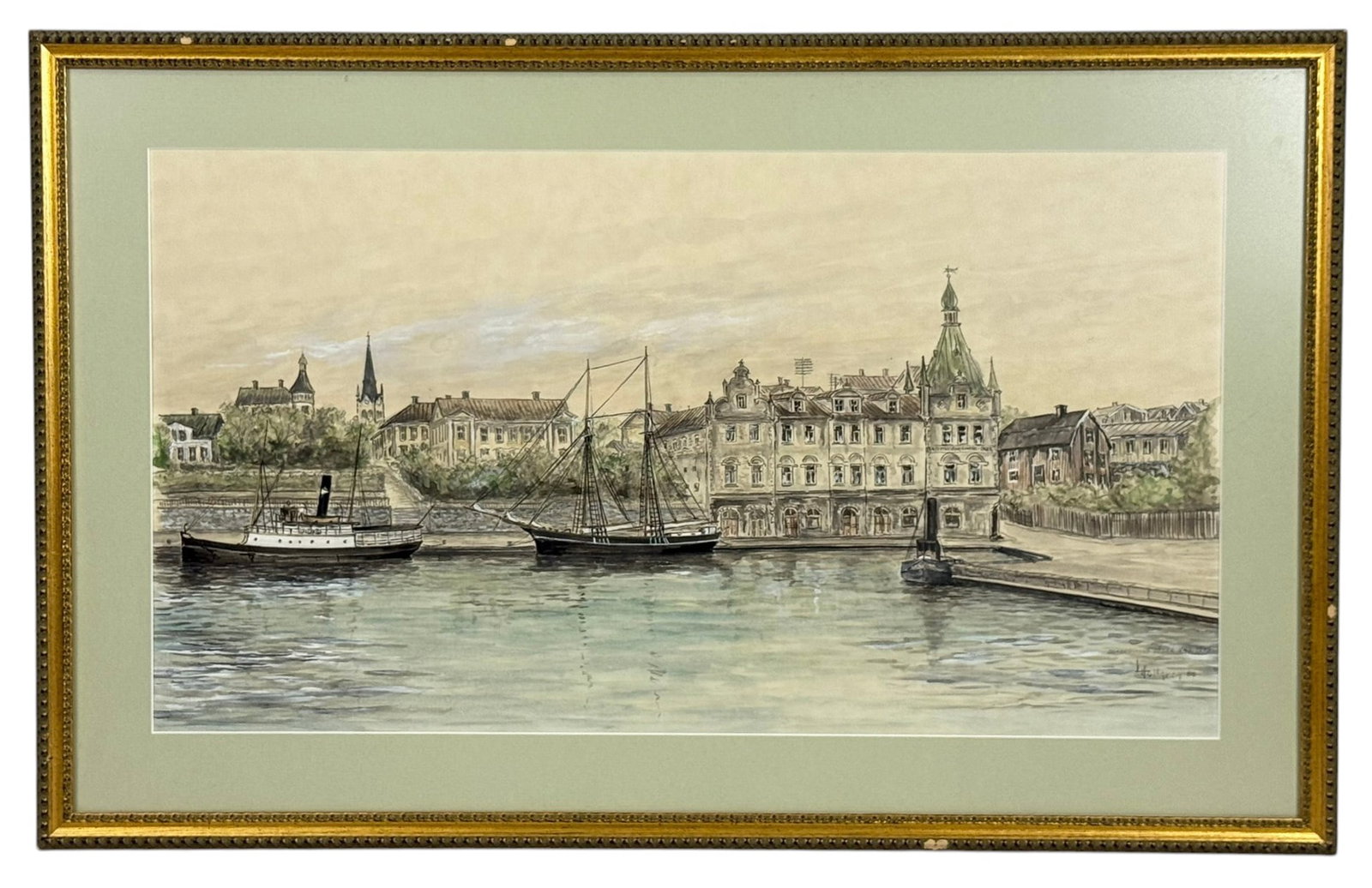 Hultgren Oskarshamns Sodra Kaj Watercolor Painting: Hultgren (20th century) watercolor painting on paper depicting a detailed view of the southern quay (Sodra Kajen) in Oskarshamn, Sweden, as it appeared in 1945. The charming harbor scene features dock