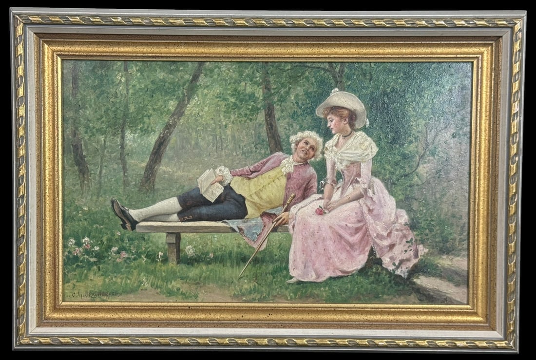 Charles Grant Beauregard Oil Painting on Board: Charles Grant Beauregard (Canadian, 1856 - 1919) oil painting on board depicting a romantic 18th-century courting scene in a lush garden setting. A gentleman reclines on a bench with a book in hand, g