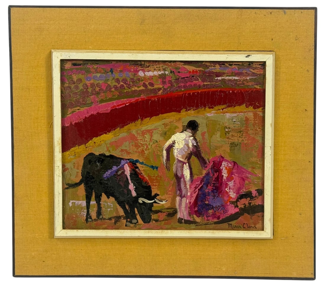 Maria Elena Matador Bullfight Oil Painting SIGNED: Maria Elena (Spanish/Mexican, 20th century) oil painting on canvas depicting a matador holding a cape beside a bull in a colorful auditorium setting rendered in thick impasto brushwork. Hand signed to