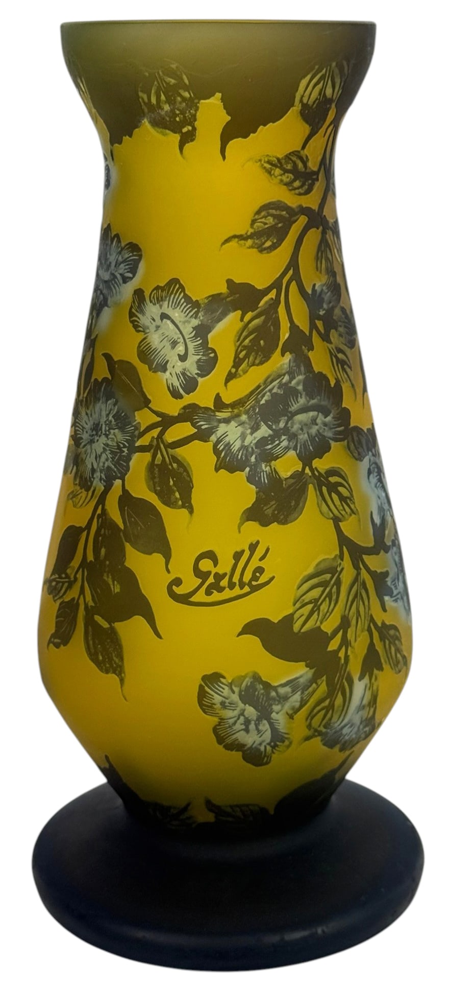 20th C. French Cameo Art Glass Vase after Galle: Vintage 20th-century French cameo glass Nouveau-style vase crafted in the style after Emille Galle (1846 - 1904). Featuring a striking yellow ground overlaid with dark blue-gray floral and foliate mot
